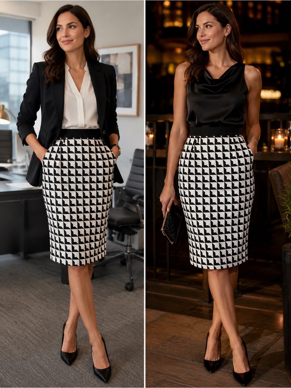 Malene Birger Black ivory white pleated check houndstooth pencil skirt pockets